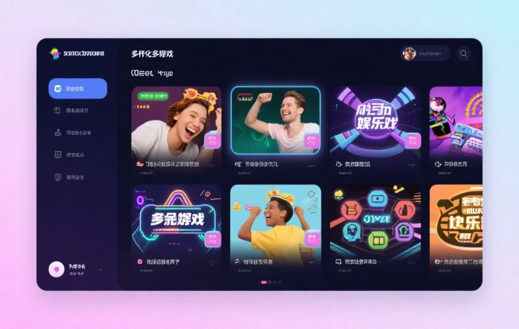 多元化的娱乐游戏界面,用户愉快地体验不同类型的休闲娱乐活动,界面设计现代且吸引人
